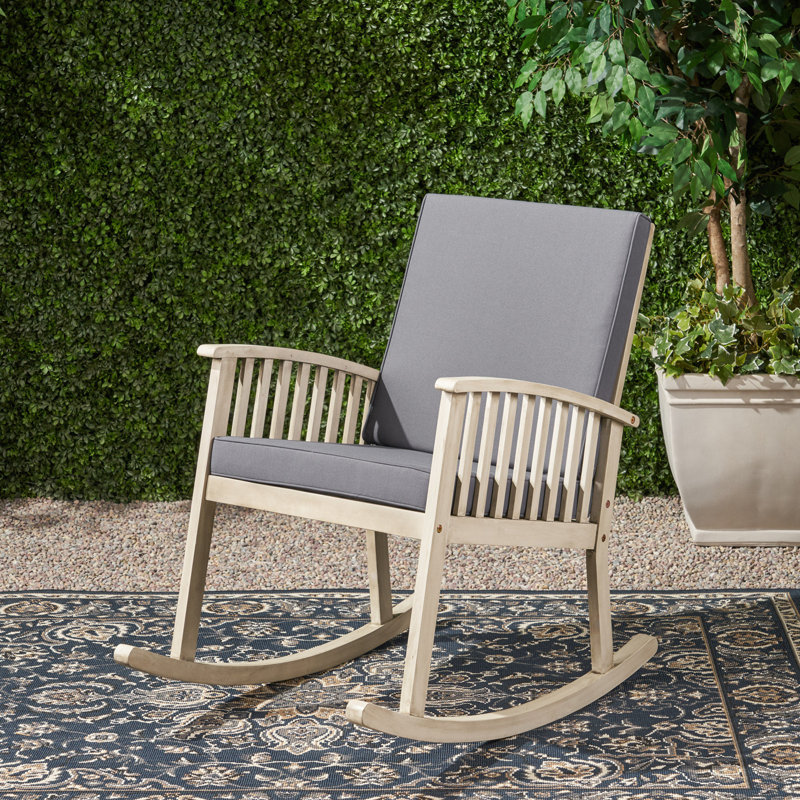Chaise berçante en acacia, Coussin bleu / cadre gris