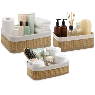 Bamboo Rectangular Set Of 3 Storage Shelf Baskets with Lining