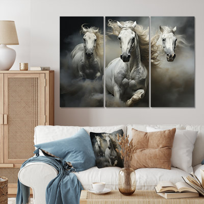 Cheval blanc beige harmonie équine sur toile, 3 pièces