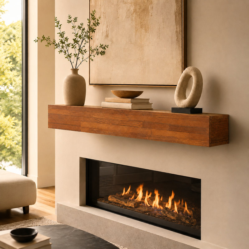 72" Light Brown Solid Wood Fireplace Mantel, Rustic Floating Wall Shelf for Home Decor, Brown
