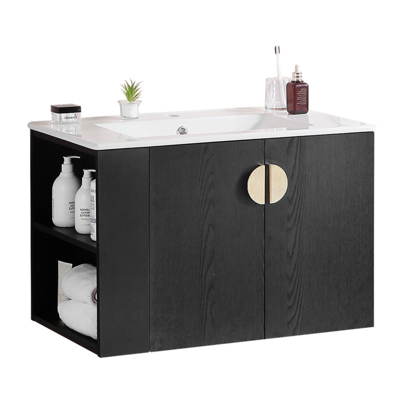 Ensemble de meuble-lavabo 30 po avec lavabo, avec deux portes et ensemble de meuble-lavabo avec tablette de rangement ouverte à gauche, bois massif, sans les robinets