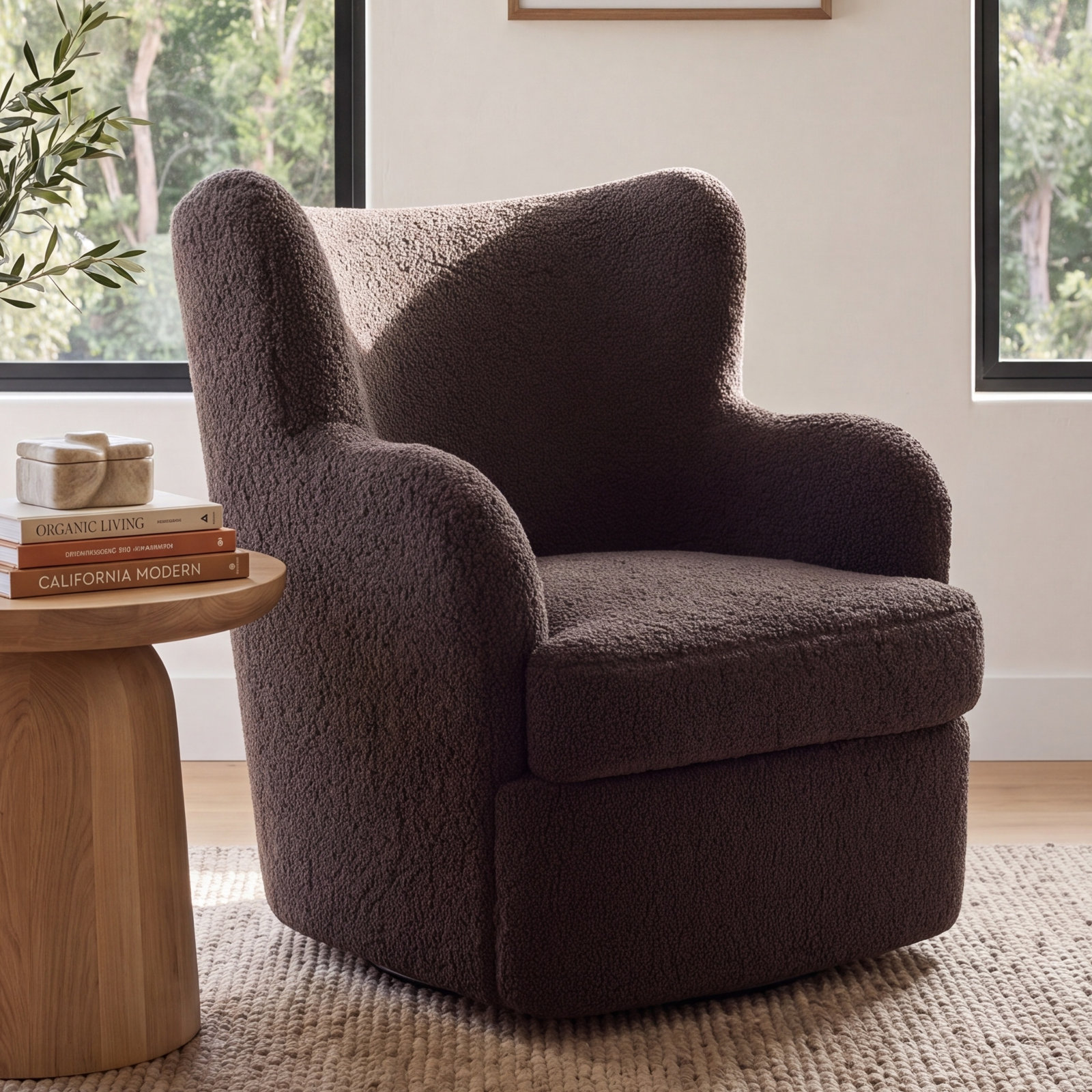 Seadrift Swivel Accent Chair, Dark Brown Faux Shearling