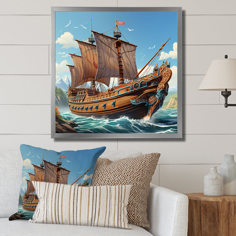 Bateau, voyage viking - Art mural classique, Cadre simple argenté, H 30 po x l 30 po x P 1,5 po