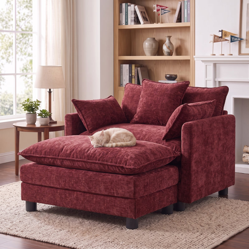 Fauteuil d'appoint rembourré en chenille de 39,4 po avec repose-pieds et fauteuil de lecture de style moderne 39,4 po, Red