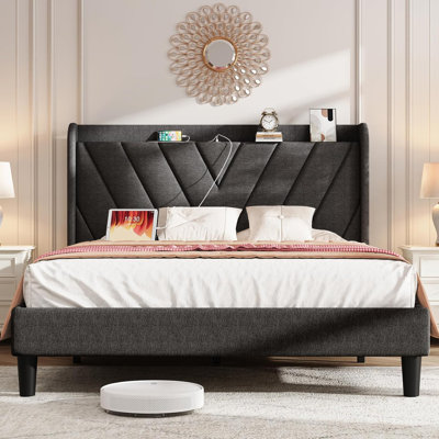 Upholstered Platform Bed with Adjustable Headboard, Wingback Bed Frame with USB & Type-C Charging Station, King Size, Dark Gray 