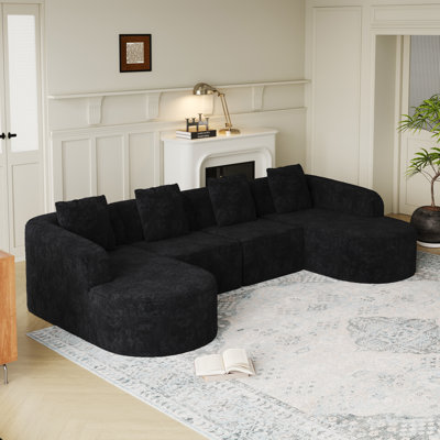 111.8Inch Lshaped Curved Modular Sofa, Modern Design Featuring Lycheetextured Longpile Polyester Fabric, Curved Backrest With Three Pillows