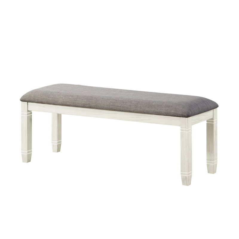 Antique White Wooden Bench With Upholstered Gray Seat - 48X16.5X19.5", Textured Fabric, 300Lbs Weight Capacity, Dining 48-Inch For Seat, Wood Construction