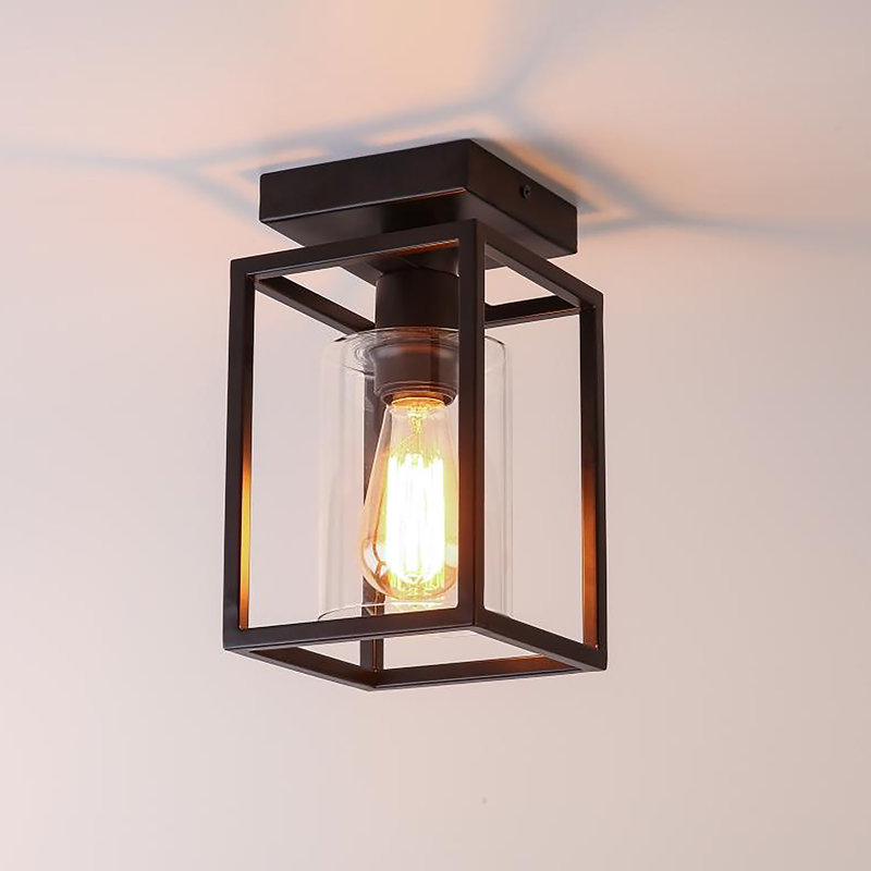 1-Light Square Flush Mount With Clear Glass Shade, Matte Black