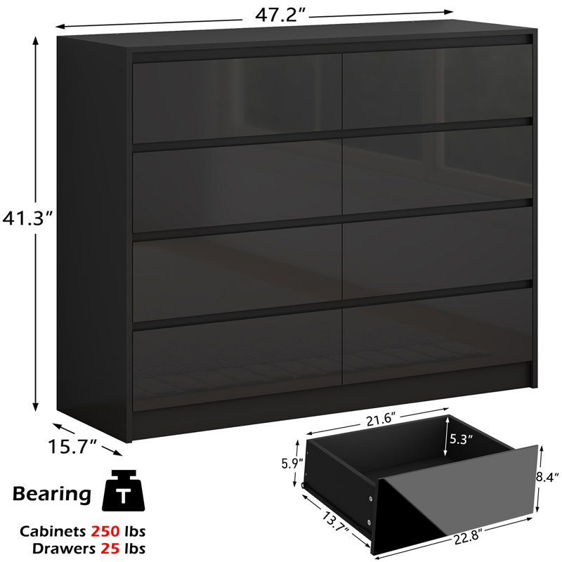 Palombo Modern Black 8-Drawer Dresser With High-Gloss Finish, Handle-Free Design, And Sturdy Frame - Versatile Storage Chest For Bedroom, Living Room, Or Entryway