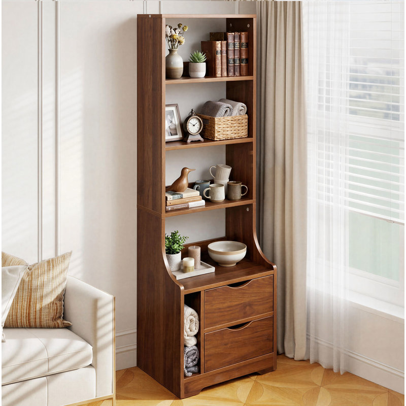 Bibliothèque standard H 58,1 "x l 18,7" avec 4 tablettes et 2 tiroirs de rangement pour appartement et petit espace, Noyer