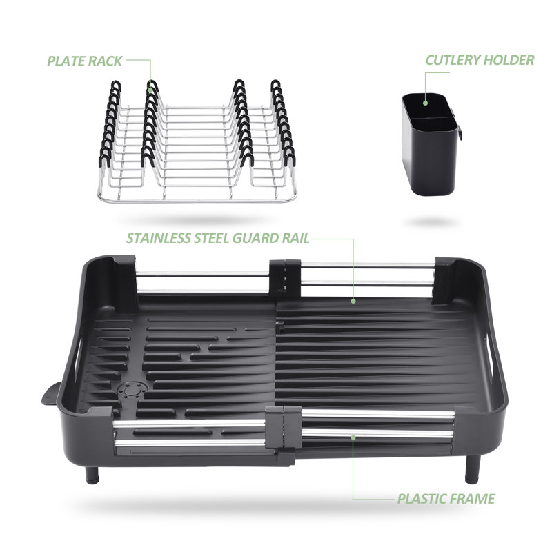 Black Stainless Steel Foldable Dish Rack with Utensil Cup