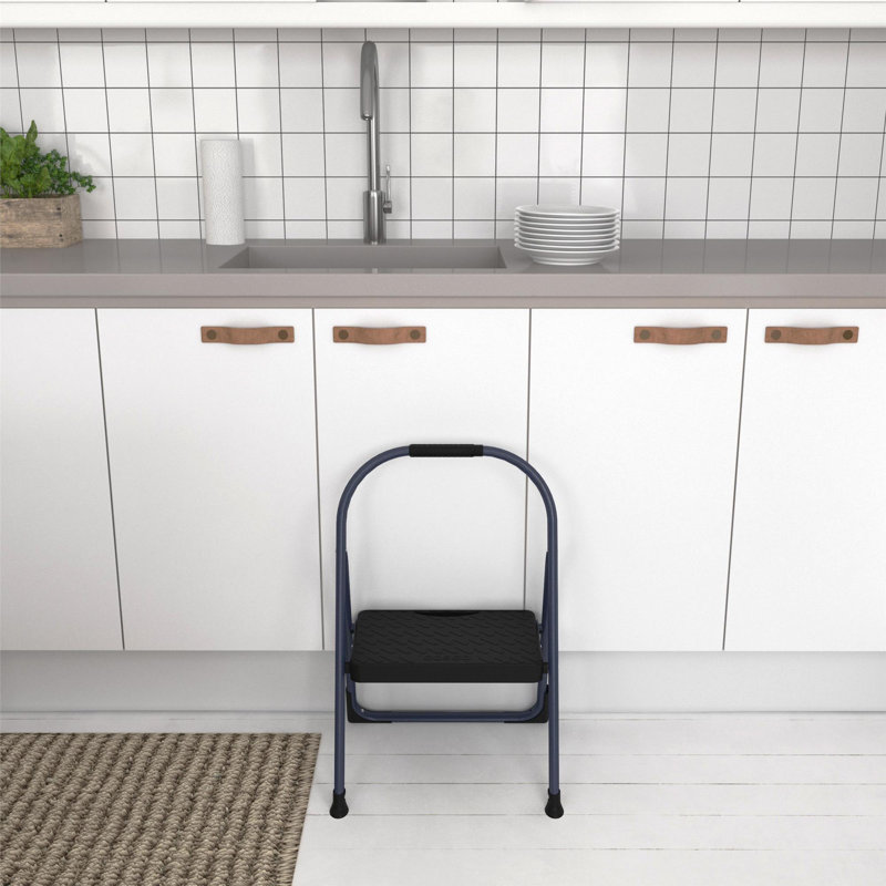 Navy Foldable Steel 1-Step Step Stool with Slip-Resistant Steps
