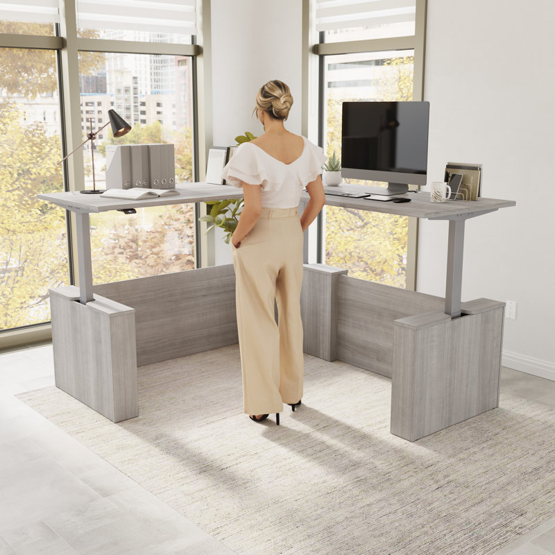 Bush Business Furniture Stratus 72W X 78D Electric Height Adjustable L Shaped Standing Desk - Reversible, Platinum Gray