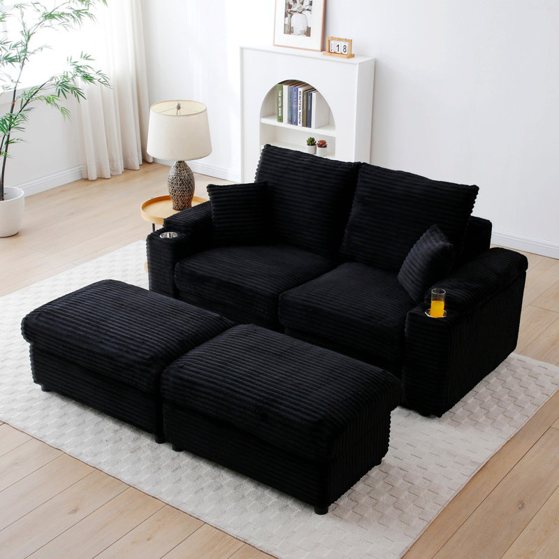 Corduroy Fabric Loveseat with Ottomans and Two Pillows, Black Corduroy