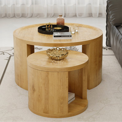 Round Nesting Coffee Table Set of 2 Modern Low Tables, 31.5" Big 18" Small Stacking Side Table with Wood Top, Minimalist Center Table for Living Room