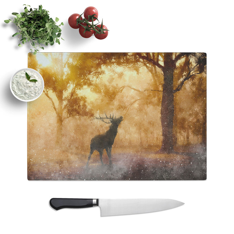Tempered Glass Deer Stag in an Autumn Forest Chopping Board, 28.5 cm x 39 cm