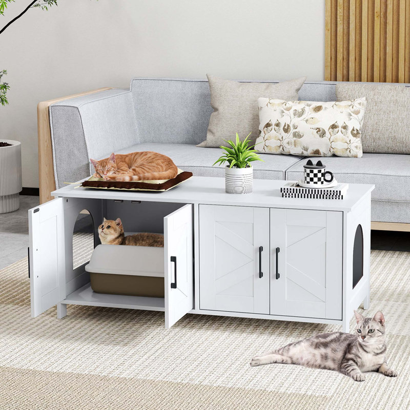Cat Litter Box Enclosure for 2 Cats w/ Double Rooms Wooden Cat Washroom Cabinet, White
