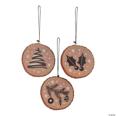 3 1/2 Inch Winter Images Neutral Wood Slice Christmas Ornaments - 12 Pc.