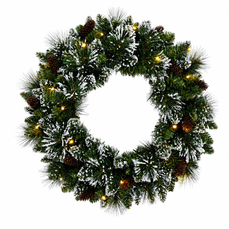Couronne de Noël artificielle pré-illuminée de 61 cm (24 po), décoration de porte d'entrée à DEL avec pommes de pin et baies