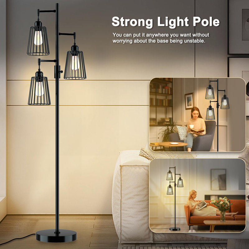 Castaldo Matte Black Industrial Floor Lamp With 3 Dimmable Edison LED Bulbs, Tall Standing Lamp For Living Room, Bedroom, Office