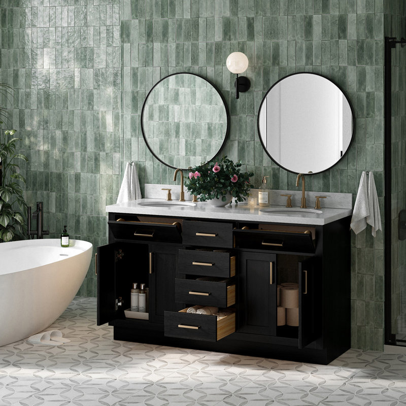 Tidworth Solid Wood Double Bathroom Vanity with 1.5'' Carrara Marble Top, Oval, Black Oak / Satin Brass
