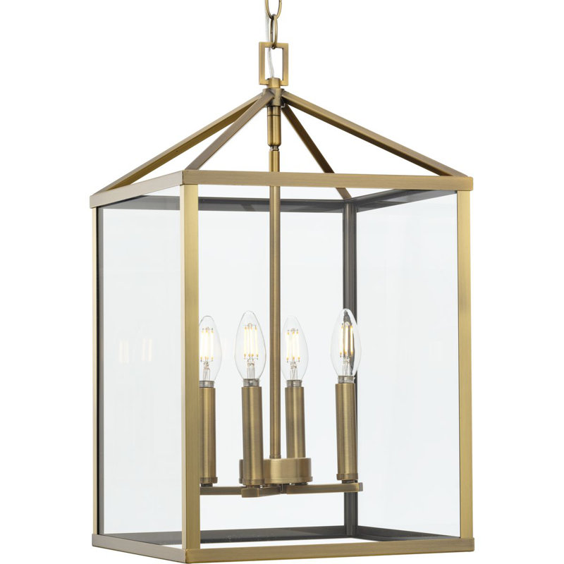 Hillcrest 4 - Light Dimmable Square / Rectangle Chandelier, 22" H x 13" W x 13" D, Vintage Brass