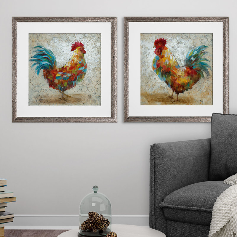 " Fancy Rooster " 2 - Pieces, Brown Framed