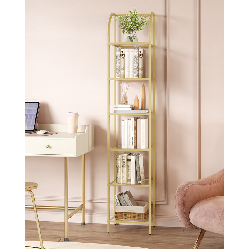 Bookcase, Narrow Bookcase Shelving Unit for Living Room, Office, Sturdy, Bedroom, Industrial , Gold