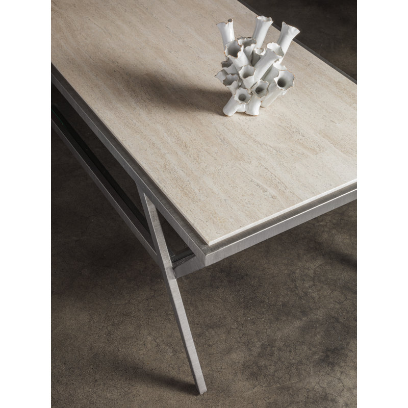 Beige Rectangular Steel and Glass Coffee Table