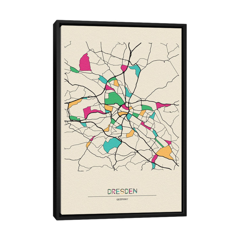 Dresden, Germany Map by Ayse Deniz Akerman - Floater Frame Print on Canvas