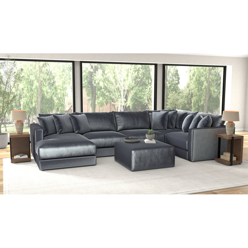 Nyrie 5-piece Modular Sectional And 1 Included Cocktail Ottoman, Blue/Gray Polyester, Right Hand Facing