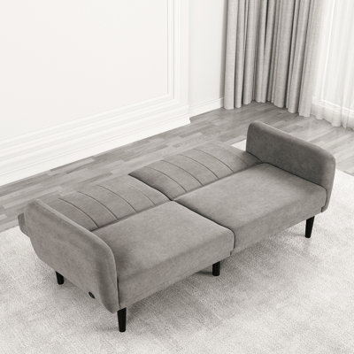 Modern Gray Convertible 2 - Seat Futon With Channeled Back, Cushion Seats, And Charging, Made Of Fabric Wood Frame Contemporary Style Converting To Bed, Soft Track Arms, A & C Rubberwood
