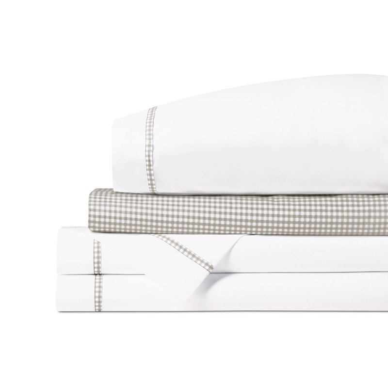 Malaya Egyptian Cotton Percale Gingham Sheet Set, California King, Fawn
