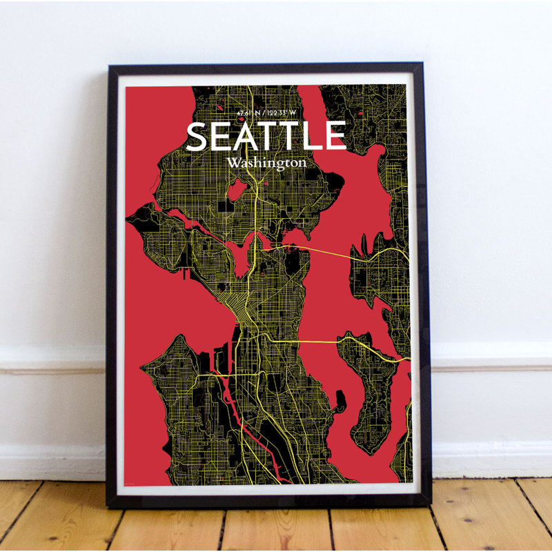 « seattle city map », reproduction d’impression sur affiche en contraste, H 17 po x l 11 po x P 0,05 po