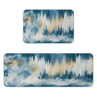 Blue & Gold Abstract, 2 Count Non Slip Kitchen Mats