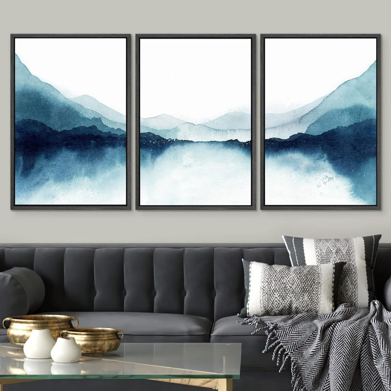 Paysage abstrait bleu sarcelle bicolore reflet lac de montagne 3 pièces, Noir, H 24 po x l 48 po x P 1,5 po