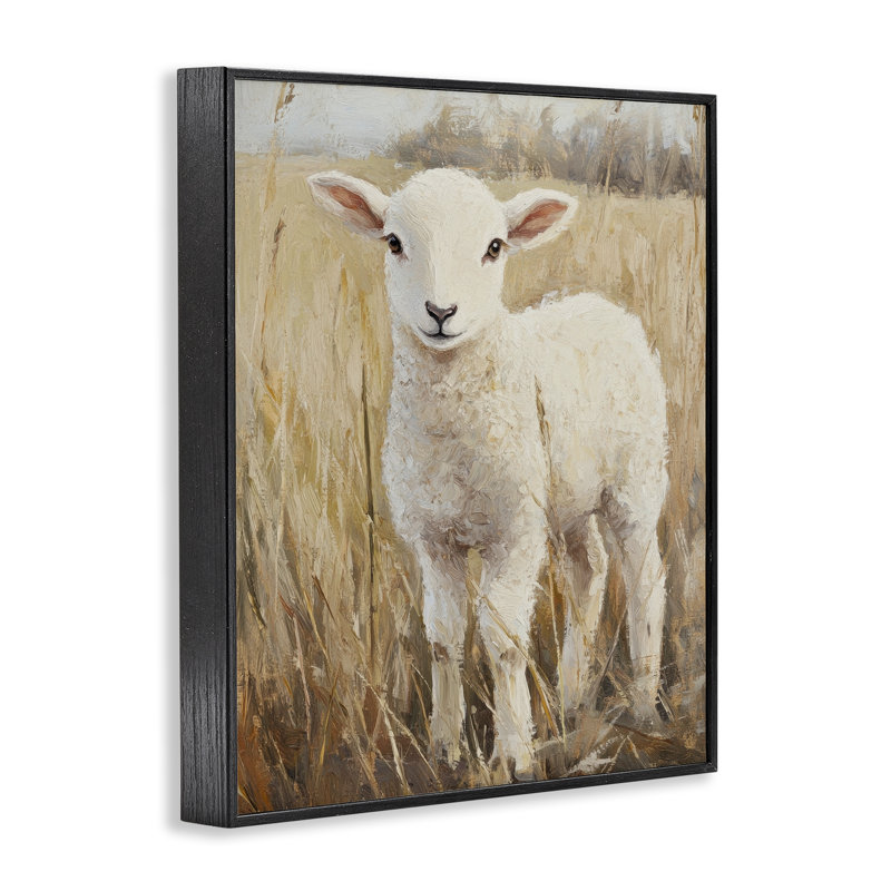 «Curly Lamb in Grassy Field», estampe numérique par Petal Prints Design, H 14 po x l 11 po, Giclée encadrée noir minuit