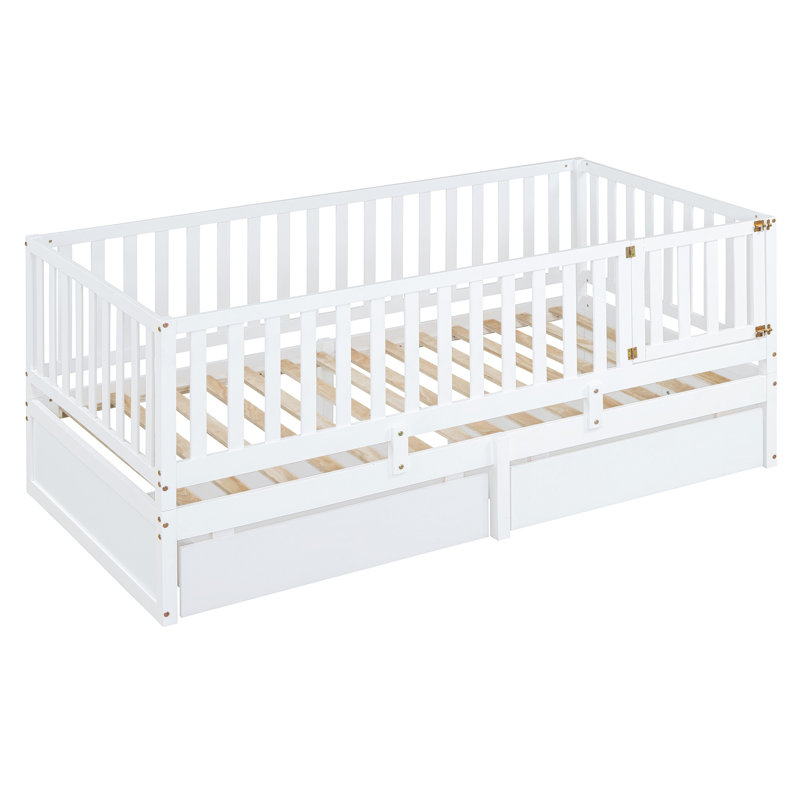 Wood Daybed with Fence Guardrails and 2 Drawers, Split into Independent Floor Bed & Daybed, Twin, White
