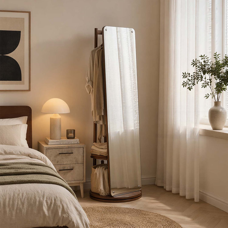 Miroir rotatif pleine grandeur avec portemanteau, rangement en bois autoportant pour la chambre à coucher et le salon