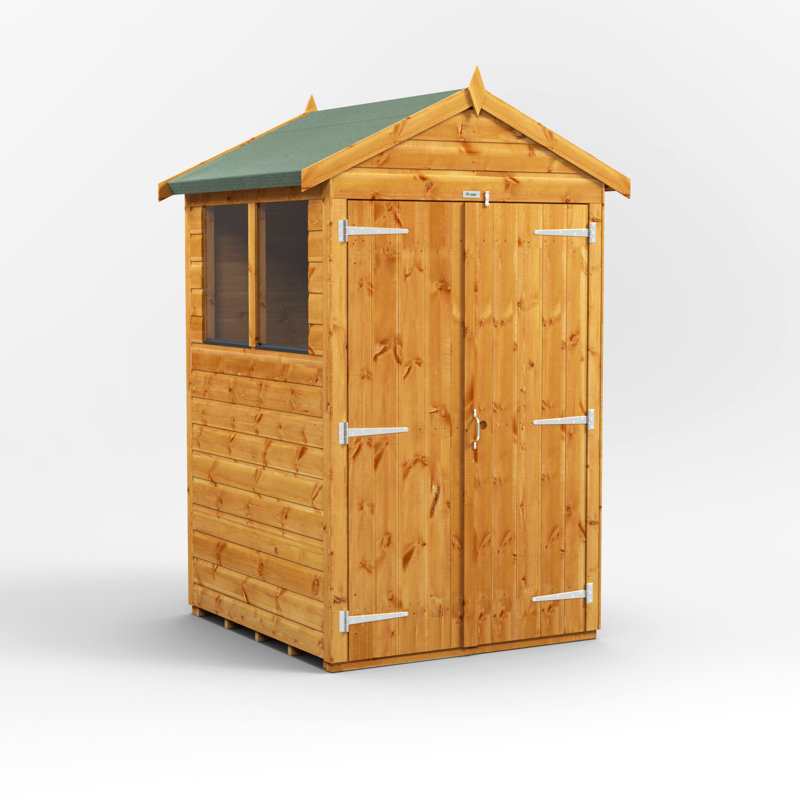 Powersheds 4 x 4ft Timber Tongue & Groove Apex Garden Shed, Double Doors