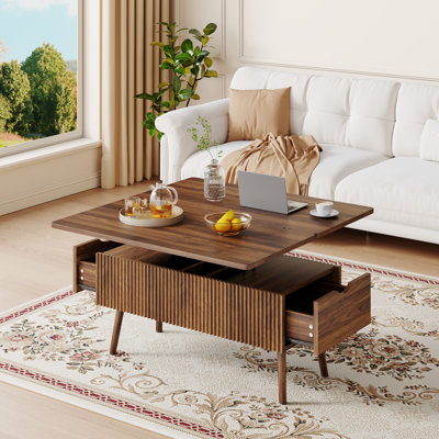 Table basse à plateau relevable en noyer, table de bout relevable multifonctionnelle en bois avec rangement caché et 2 tiroirs pour le salon 39,4 po