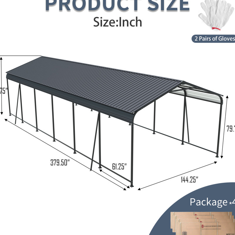 12 X 32 Ft Metal Carport With Galvanized Steel Roof And Frame, 4 Fixed Inclined Square Tube Supports, Ideal For Cars, Trucks, Boats , Spacious Outdoor Storage, Bbq Shelter, Gathering Spot,