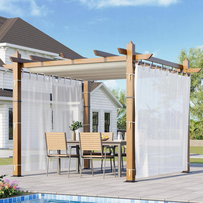 Pergola d'extérieur moderne en aluminium de 10 x 10 pi avec auvent rétractable, motif de faux grain de bois et panneaux latéraux en filet