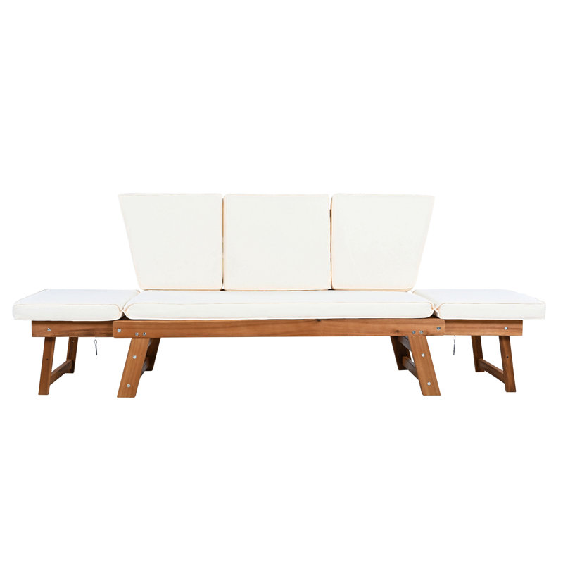 Outdoor Adjustable Patio Wooden Daybed Sofa Chaise Lounge With Cushions For Small Places, Beige Cushion/Natural Frame