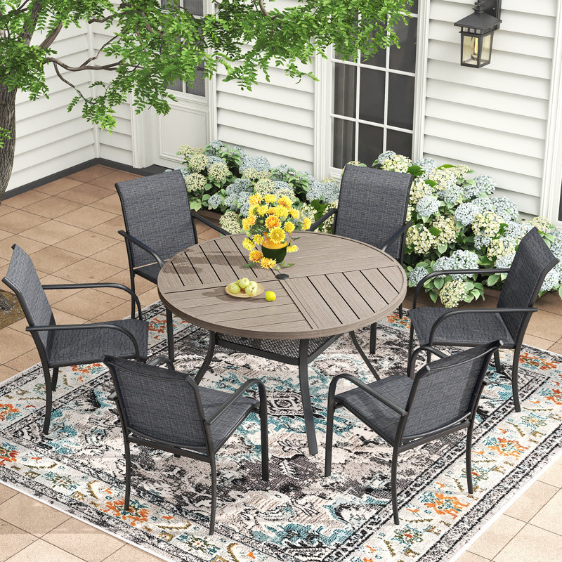 6-Person Outdoor Patio Dining Set With Round Table, Gray Woodlike/Gray