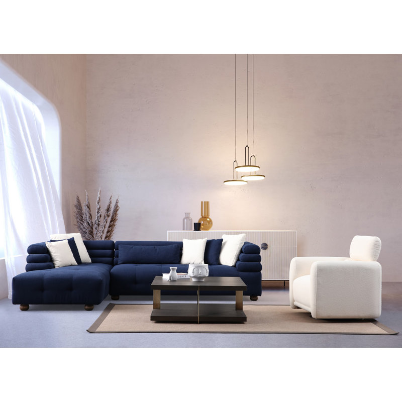 Élégant canapé d'angle, bleu nuit, 118,1 po x 73,2 po x 29,5 po | Structure en bois de hêtre et en carton, tissu 100% polyester | Rembourrage en mousse et plumes gris doux, coussins inclus | Parfait pour les salons et les espaces modernes