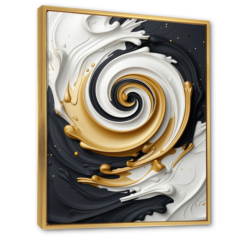 Art liquide sur toile, or liquide et noir et blanc, H 44 po x l 34 po x P 1,5 po, Cadre flottant doré