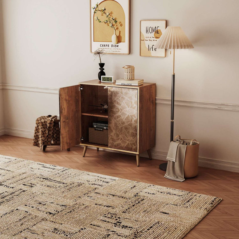 Buffet 2 portes avec panneau surélevé en forme de ligne géométrique, Chêne rustique