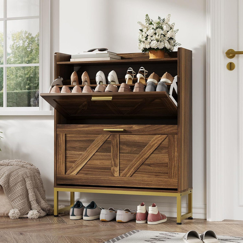 Shoe Cabinet for Entryway, Narrow Flip Drawer Shoe Storage with Adjustable Shelves & Dustproof Back Panel, Freestanding Organizer