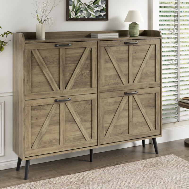 Shoe Cabinet With 4 Flip Drawers, Freestanding Farmhouse Shoe Organizer Cabinet, Rustic Oak